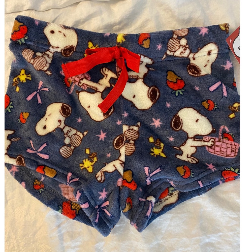 Peanuts Pajama‎ Shorts Womens Large Blue Snoopy Woodstock Plush Fleece Sleepwear